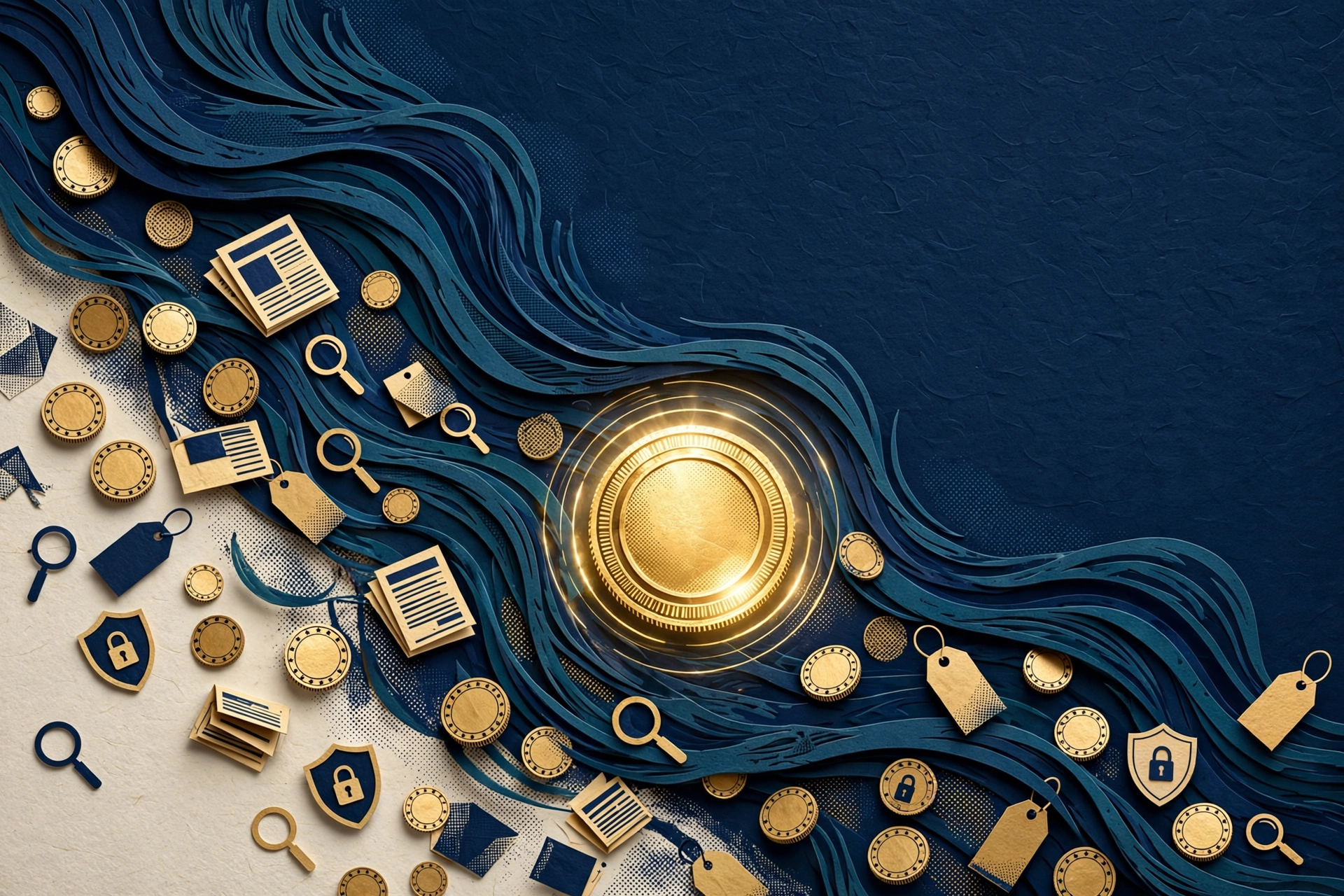 A deep blue current carrying gold coins, search tools, price tags, news and privacy symbols